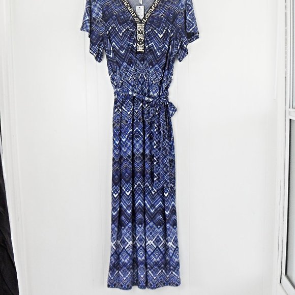 NY Collection Beaded Self Tie Blue Maxi Dress 1X Petite - Picture 9 of 9
